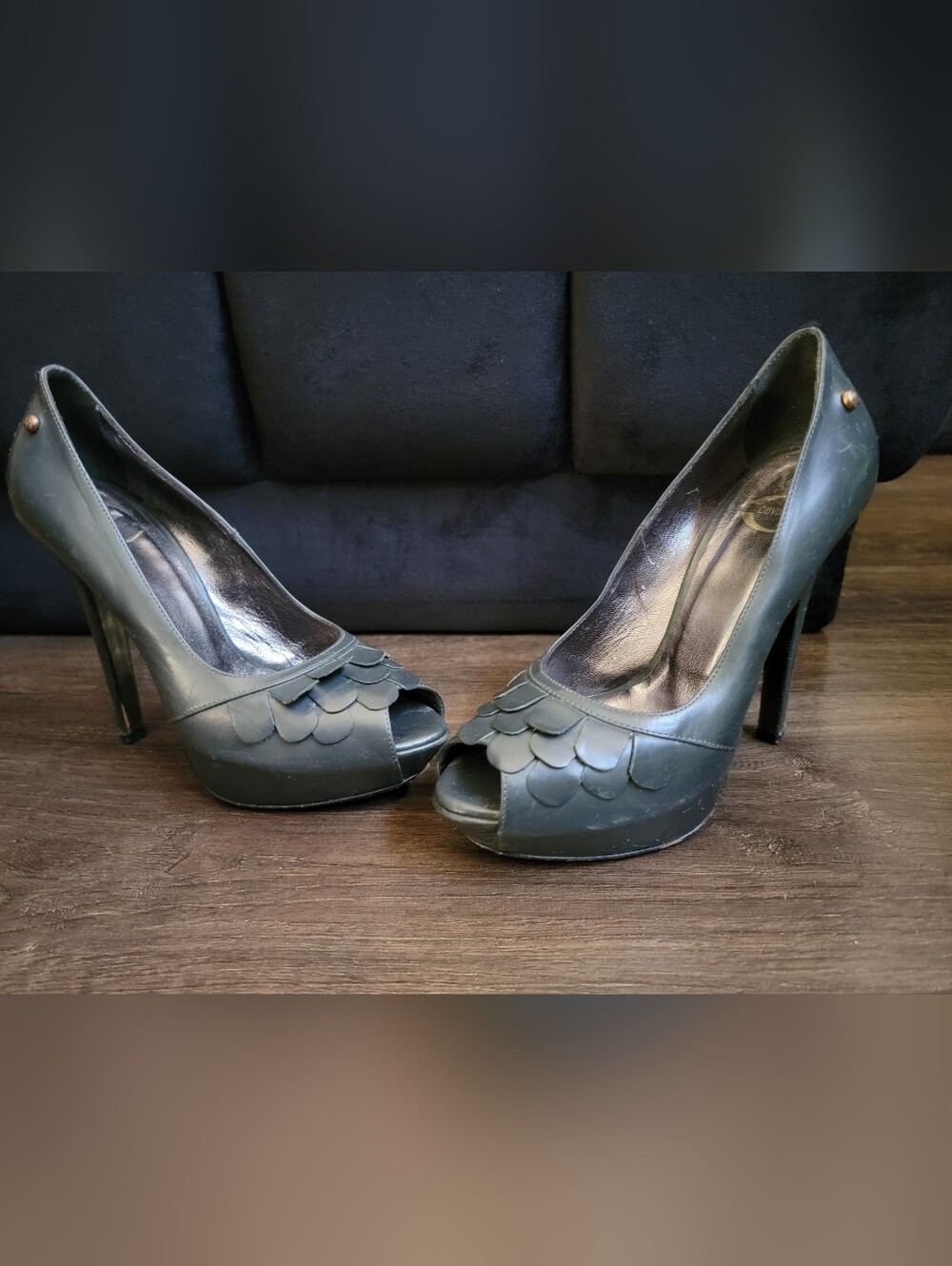 Just Cavalli Dark Gray Peep-Toe Platform Pumps with Scalloped Petal Detail
